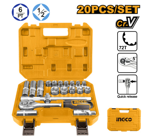 JOGO DE SOQUETES COM CHAVE CATRACA, ALAVANCA E MALETA EMCAIXE DE 1/2 POLEGADAS CR-V 20 PEÇAS